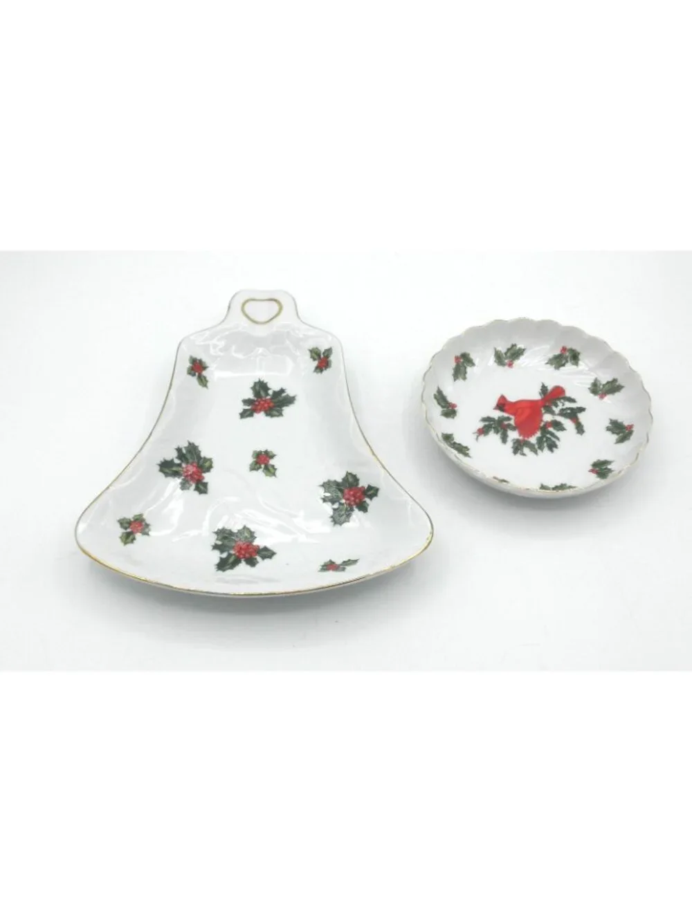 Holly by Lefton Bell Shaped Plate and Trinket/Candy Dish Hand-painted Cardinal